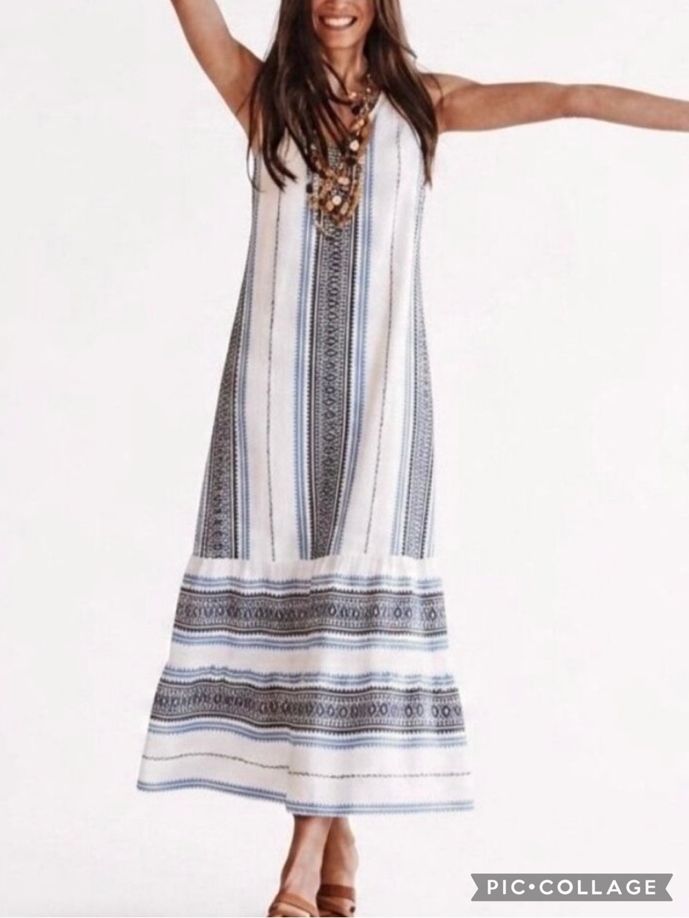 J. Jill White Blue Embroidered Wicen Ruffle Hem A-line Midi Dress XSP Boho Chic